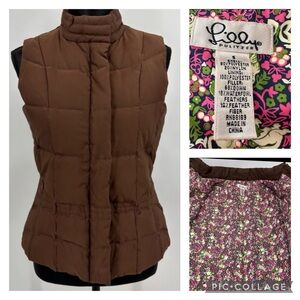 Lilly Pulitzer Quilted Down Feather Full Zip Puffer Vest Brown Size S